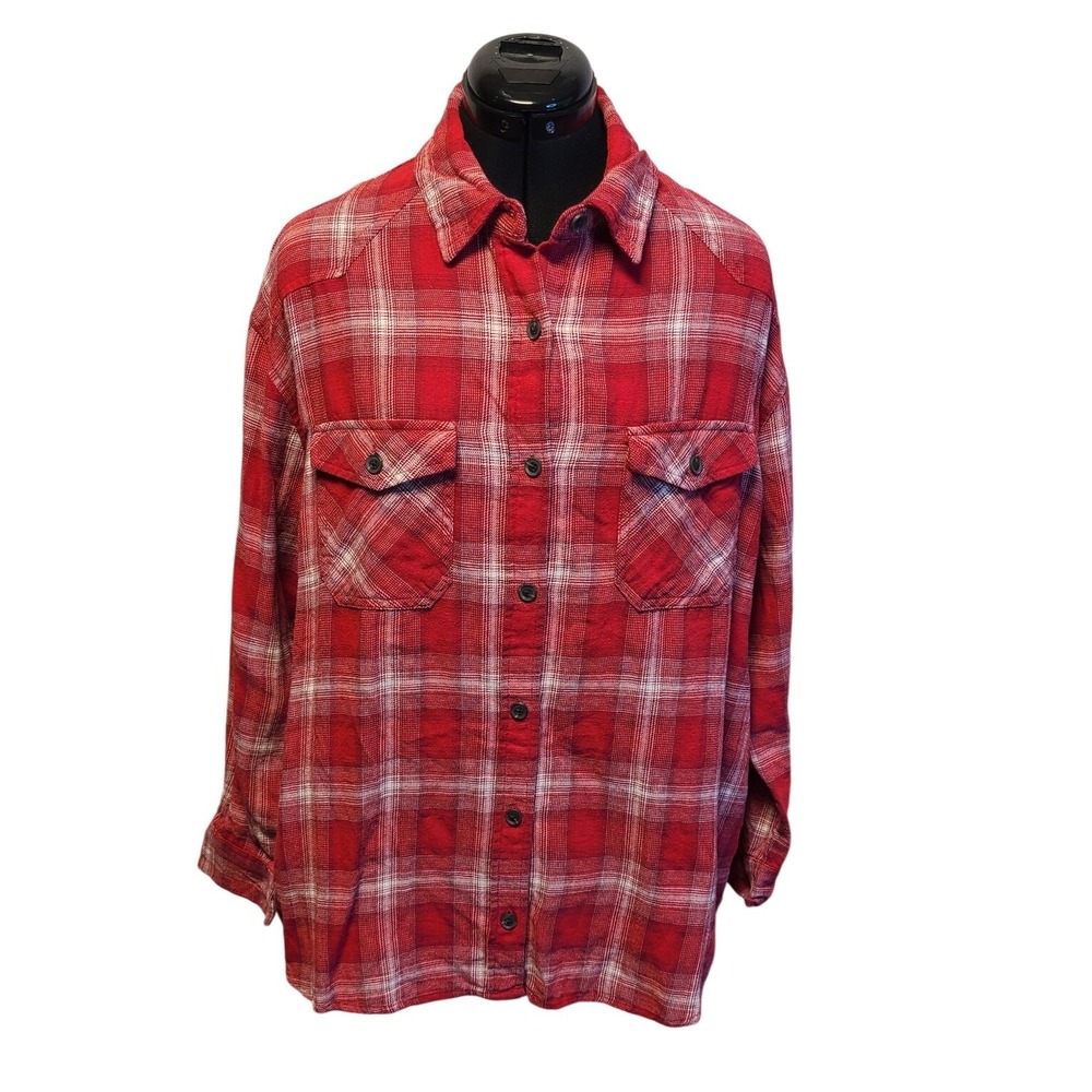 Wild Fable Women's Oversized Red White Plaid Flannel Button Down Shirt Large NEW
